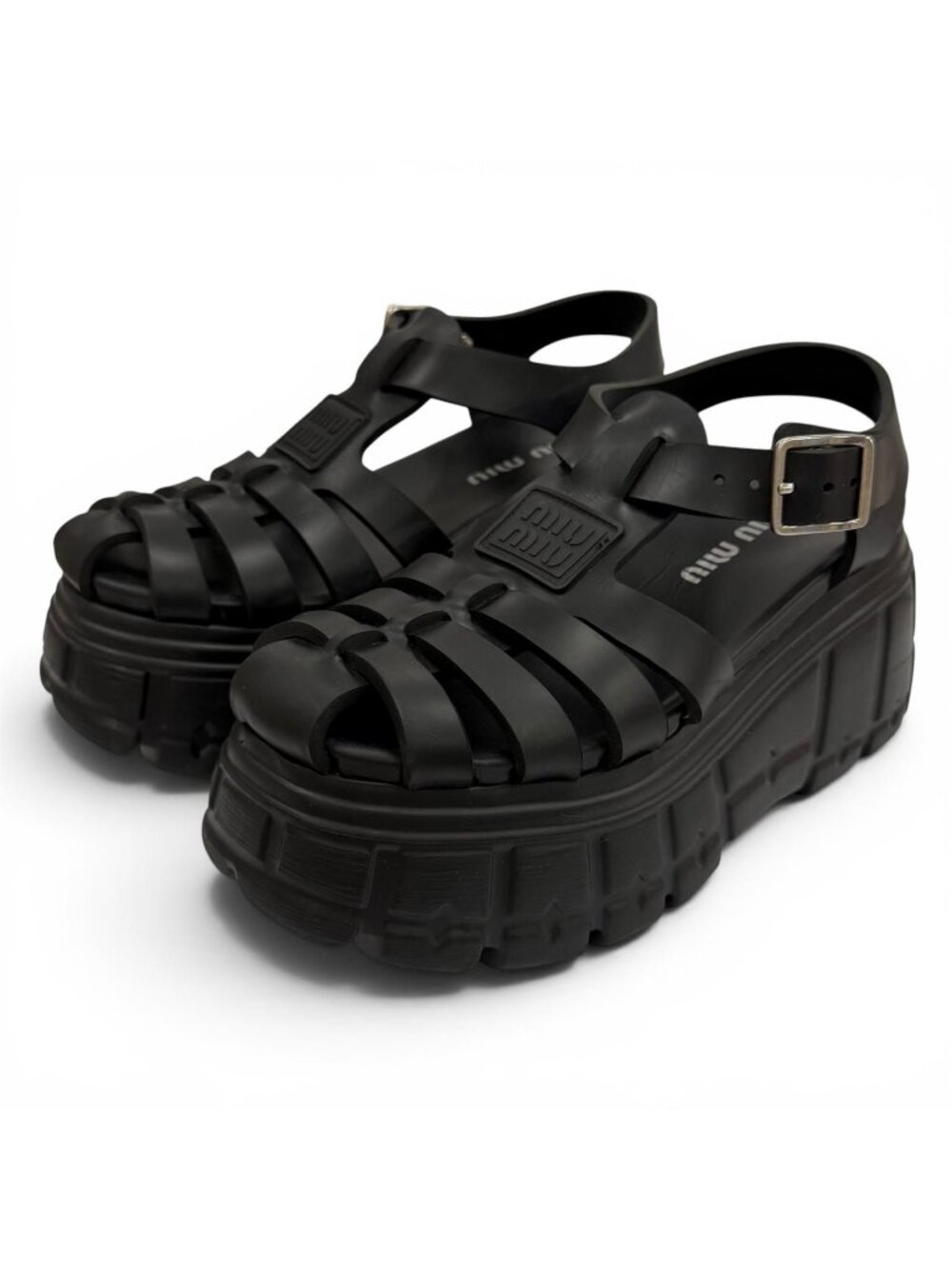 Miu Miu Logo Patch Platform Rubber Gurkha Sandals Black